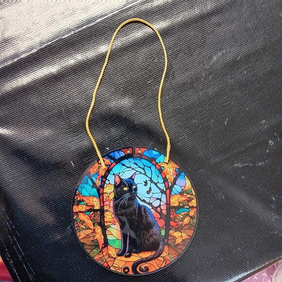 Black Cat Stained Plastic Suncatcher Hanging Window Ornament Goth Whimsical - Picture 2 of 5
